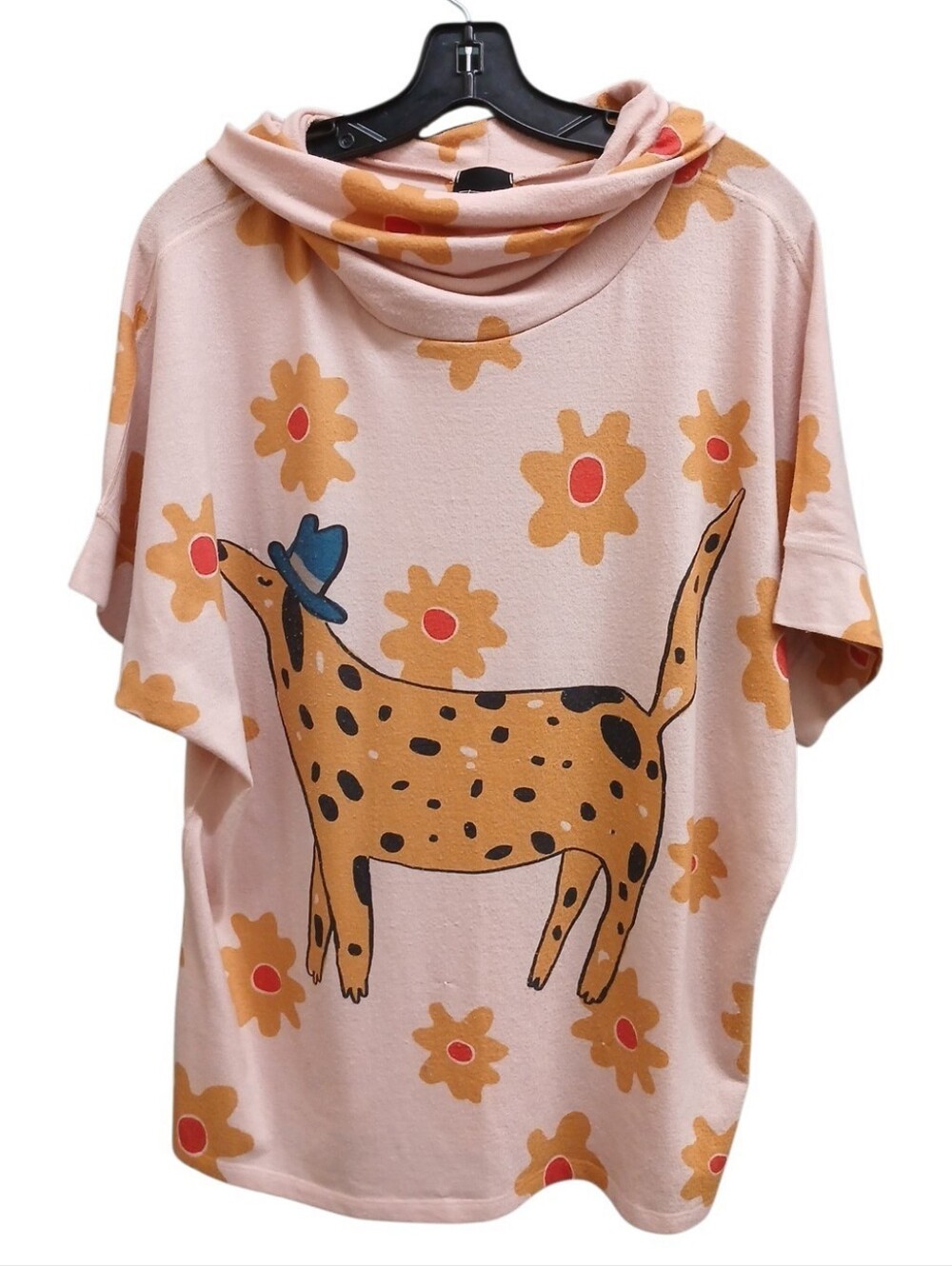 Inoah Women's Pink Graphic Dog Print Short Sleeve Tee with Cowl Neck Size Medium